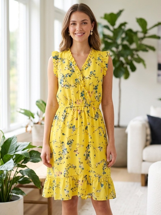 LOFT Dresses & Skirts - LOFT Yellow Floral Ruffle-Trim Mini Dress